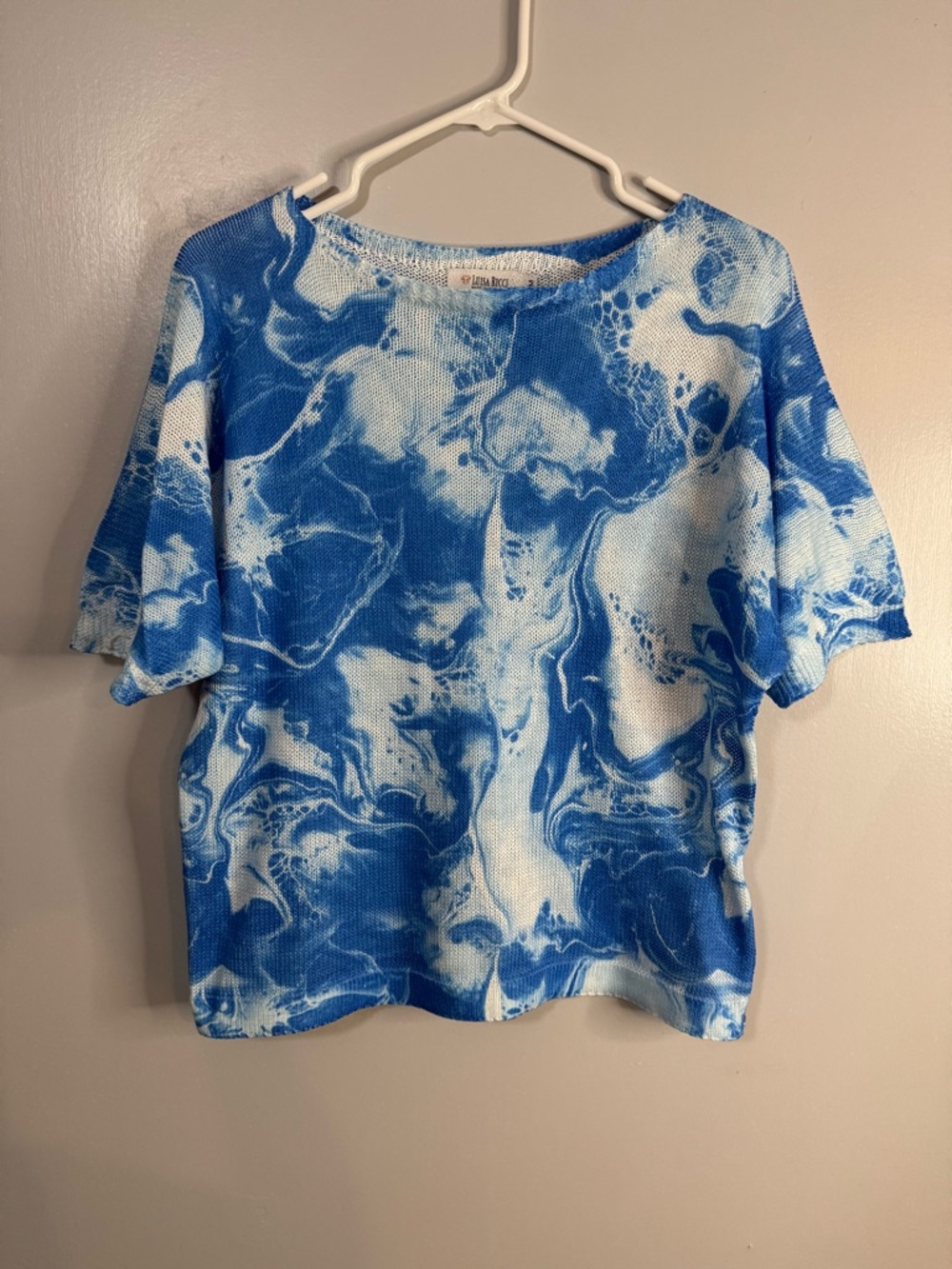 Luisa Ricci Blue Marble Pattern Short Sleeve Italian Women's Shirt Size Medium